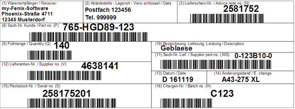 Example of VDA 4902 label - Label for small load carriers  (74 x 210 mm)