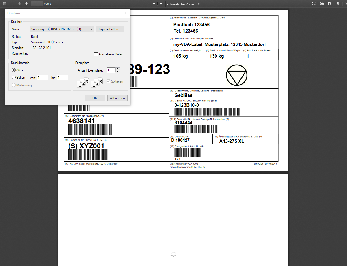 my-VDA-Label Pro - Drucken eines VDA-Label - Das als PDF-Datei erzeugte VDA 4902 Label zum Ausdrucken oder Downloaden