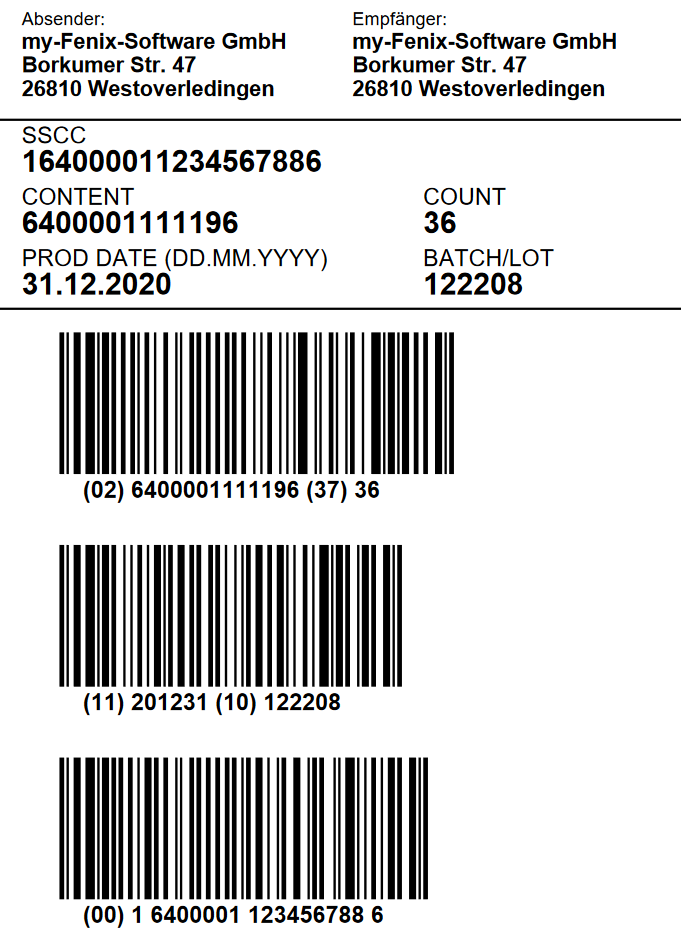 GS1-SSCC/NVE-Label Artikelrein mit Menge, Charge und Produktionsdatum
