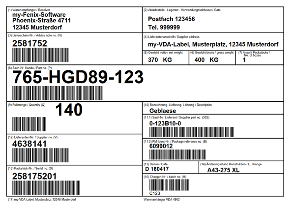 Example of VDA 4902 label - Label version in standard size