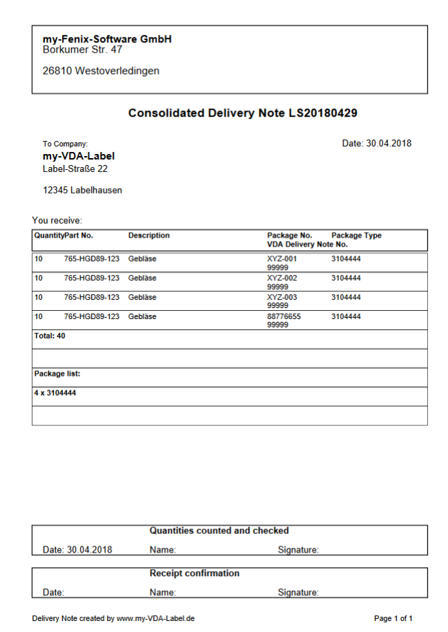 Consolidated delivery note for VDA Label - generated with my-VDA-Label